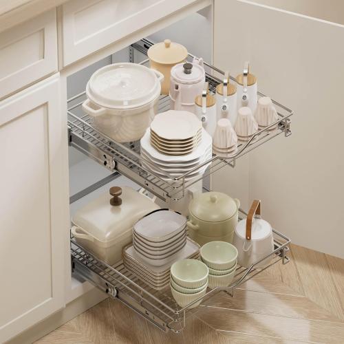 DINDON 2 Tier Pull Out Cabinet Organizer (17 W x 18 D) Heavy-Duty Metal Sliding Drawer Shelf, Two Tier Pull Out Shelves for Kitchen Cabinets, Pantry, Bathroom, Chrome Finish