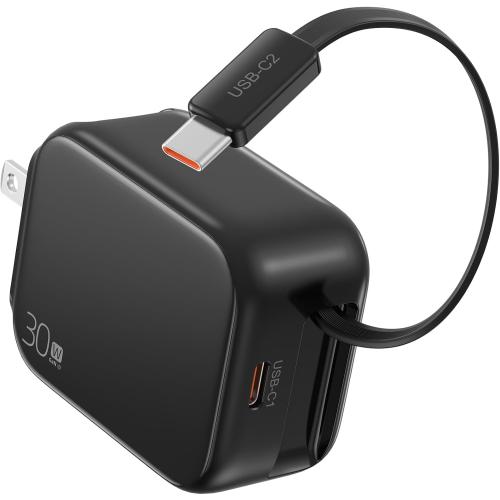 2-in-1 Retractable Wall Charger Plug with USB C Port and 27in/70cm Type C Cable,Travel Essentials 30W Fast Charging Foldable Block for iPhone 16/15/,iPad,Galaxy,Pixel-Black