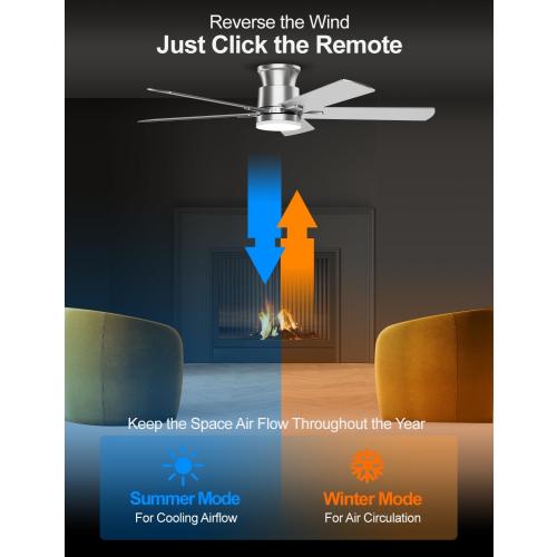 Nickel 52inch Ceiling Fans with Lights 52 Inch, Flush Mount, Remote Control, 3CCT Dimmable, 6 Speeds, Quiet Reversible DC Motor, Low Profile Silver Nickel Ceiling Fan for Bedroom, Living Room, Indoor/Outdoor, ETL