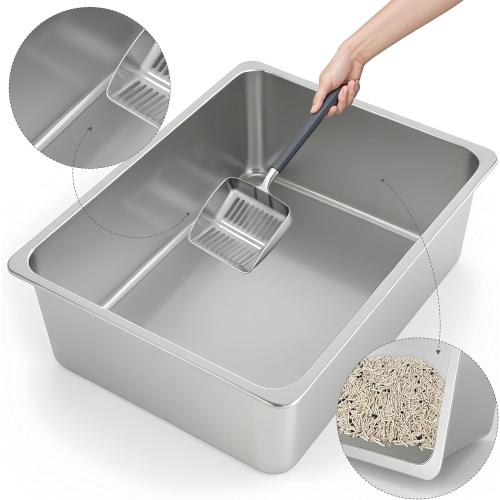 Kirecoo Large High Sided Stainless Steel Cat Litter Box, Non-Stick
