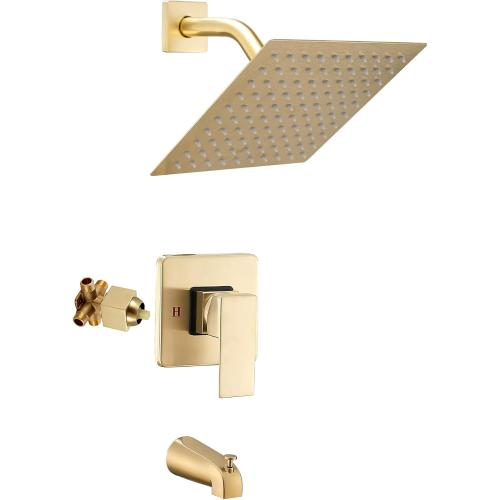 GGStudy Shower Faucet Set, Brushed Gold Tub Shower Faucet with 8 Inch Square Rainfall Shower Head and Tub Spout Shower Tub Faucet Set Complete Included Shower ValveTub Shower Trim Kit