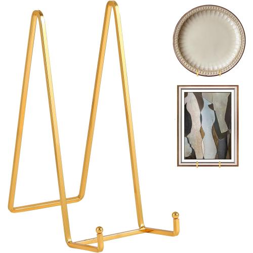 Large Plate Holder Display Stand - 10 inch Tall Plate Stands for Display - Metal Picture Frame Stand - Big Tabletop Easel Stand for Decorative Plates | Platter | Book | Plaque | Tile - 2 Pack - Gold