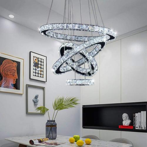 Silver With 4r Cool White LED Chandeliers, Modern Crystal Chandelier Dining Room Living Room LED Ceiling Pendant Light 4 Rings Adjustable Stainless Steel Contemporary Chandeliers (4r Cool White)