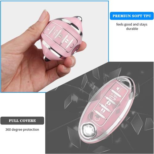QBUC for Nissan Key fob Cover,Soft TPU 360°Car Key Case Protector with Keychain Compatible with Altima Sentra Rogue Pathfinder Murano Armada Maxima Versa ect 5 Buttons Smart Keys(Pink)