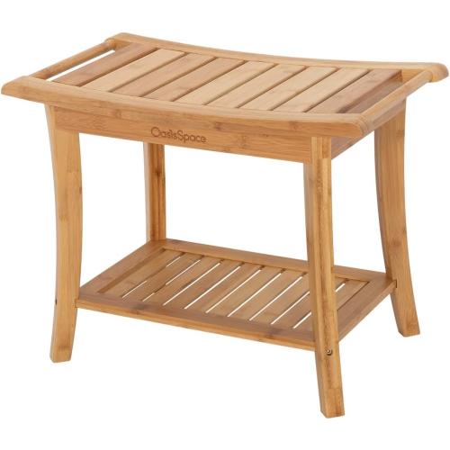 OasisSpace Bamboo Shower Bench, 24 Waterproof Shower Chair with Storage Shelf, Wood Spa Bath Organizer Seat Stool, Perfect for Indoor or Outdoor