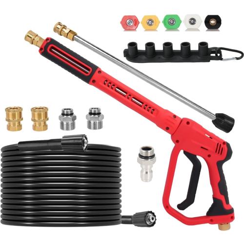 Color Red Brass Power Washer Gun and Hose Kit, Pressure Washer Gun with 26FT Washer Hose & 2 Extension Wands, M22 Fitting, 5 Nozzle Tips,4350PSI