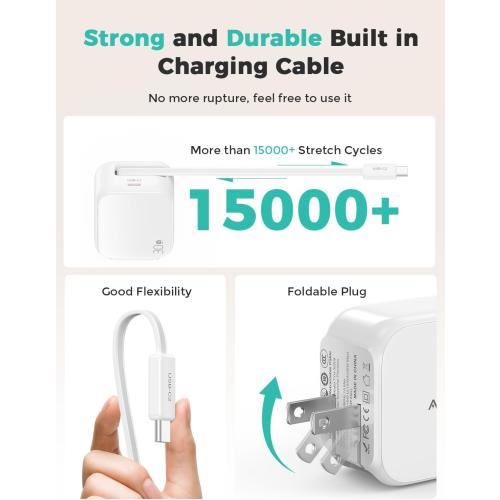 2-in-1 Retractable Wall Charger Plug with USB C Port and 27in/70cm Type C Cable,Travel Essentials 30W Fast Charging Foldable Block for iPhone 17/16/15,iPad,Galaxy,Pixel-White
