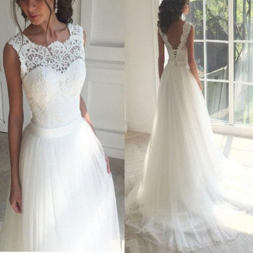 SOLOVEDRESS Size 12 Women's Elegant Lace Wedding Dress A Line Tulle Beach Bridal Gowns Cap Sleeves with Train