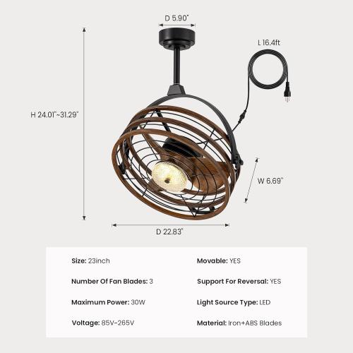 Outdoor Ceiling Fan with Lights, 23‘’ Waterproof Gazebo Fan with Remote Control Smart App, Plug in Caged Ceiling Fan for Patios, Pergola Porch
