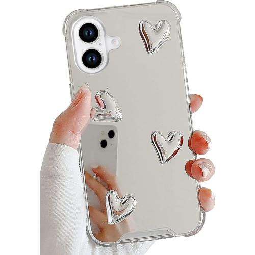 Compatible with iPhone 17 case,Mirror Senior Silver Cute Heart Soft Silicone Clear Makeup Mirror Women Girls Shockproof Protect Cover Case for iPhone 17
