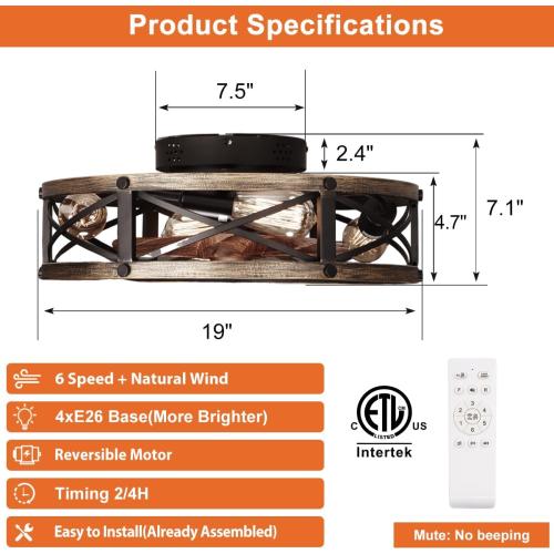 19 Farmhouse Flush Mount Caged Ceiling Fans with Lights, 6 Speeds, Rustic Low Profile Ceiling Fan with Light and Remote, Small Bladeless Ceiling Fans with Lights for Kitchen, Bedroom - ETL