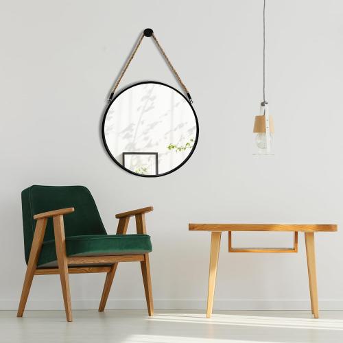 POZINO Round Mirror, 15 Rope Hanging Mirror, Farmhouse Circle Mirrors, Black Metal Frame Wall Mirrors for Bathroom, Bedroom, Living Room, Entryway, Fireplace, Home Decor