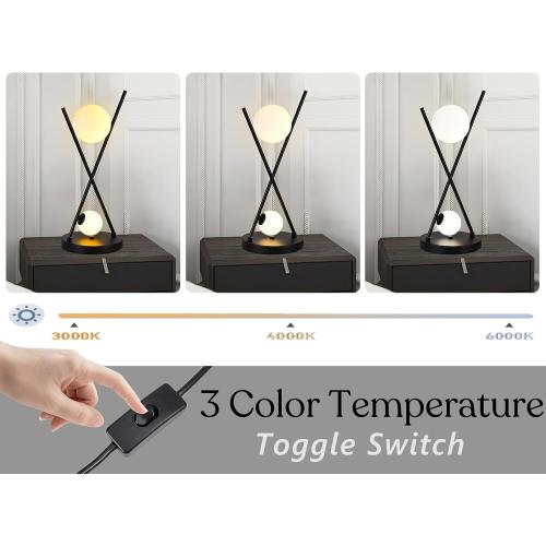 Modern Black X-Shaped Table Lamp 2-Lights Globe Glass Beside Lamp Nordic Metal 3 Color Temperatures Desk Lamp for Bedroom Living Room Study Office Corner