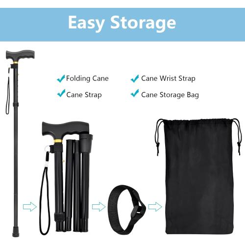 Folding Walking Cane - Lightweight, Adjustable, Anti-Slip, Portable, with Storage Bag and Strap, Suitable for Men, Women, and The Elderly.