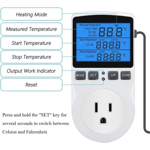 Backlit Digital Temperature Controller, LCD Screen Heating Cooling Thermostat Outlet Socket with Sensor Timer Regulator for Reptile Incubator Greenhouse Brewing Refrigerator, 120V, 15A, ℉/℃