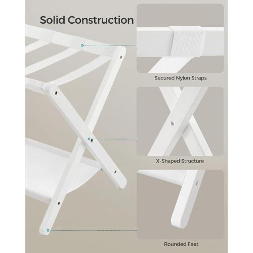Luggage Rack, Folding Suitcase Stand with Storage Shelf, for Guest Room, Hotel, Bedroom, Classic White