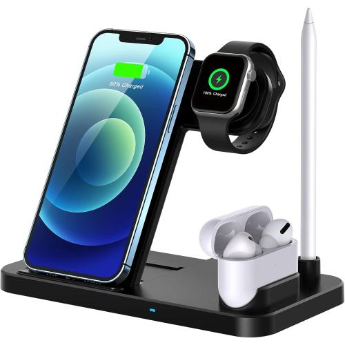 Wireless Charger, 4 in 1 Fast Wireless Charging Station Compatible with Apple Watch Airpods Pro iPhone 12/12 Pro/11/11 Pro/8/X, Wireless Charging Stand Compatible with Samsung