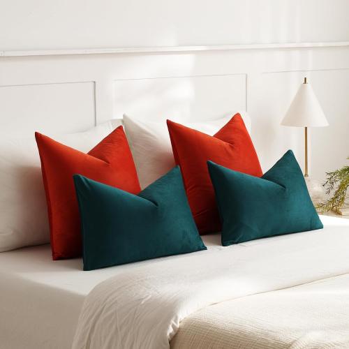 DEZENE Euro Sham Covers 24x24 Burnt Orange: Pack of 2 Cozy Soft Velvet Square Modern Luxury Decorative Throw Pillow Cases for Sofa Couch Living Room Bed Home Decor
