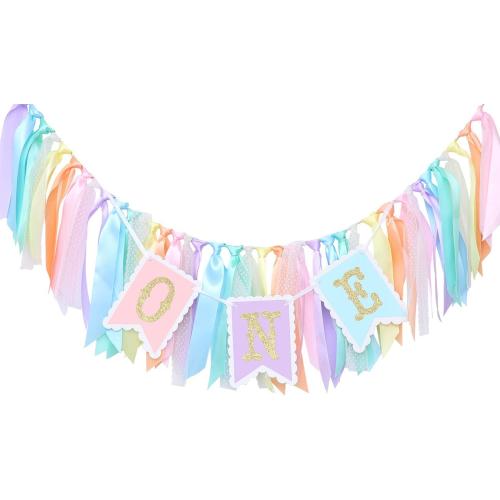 Rainbow High Chair Banner for 1st Birthday - Baby Girl Smash Cake for Photo Props, First Birthday Photo Background, Macarons Color(Rainbow High Chair Banner)