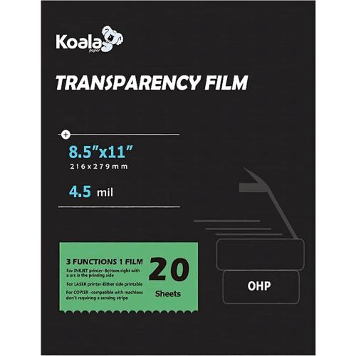 KOALA Transparency Film for Inkjet/Laser Jet Printers - 8.5 x 11 Inch 20 Sheets Printable Transparency Paper for OHP Film Overhead Projector Film or Craft Projects