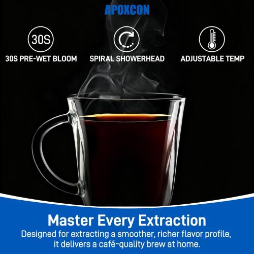 APOXCON Automatic Drip Coffee Maker for Coffee Enthusiasts -Pour Over Coffee Brewer with Programmable Timer, Hand Drip Simulation, Adjustable Strength, Built-in Scale, Glass Water Tank & Carafe