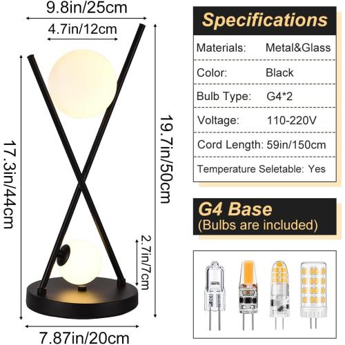 Modern Black X-Shaped Table Lamp 2-Lights Globe Glass Beside Lamp Nordic Metal 3 Color Temperatures Desk Lamp for Bedroom Living Room Study Office Corner