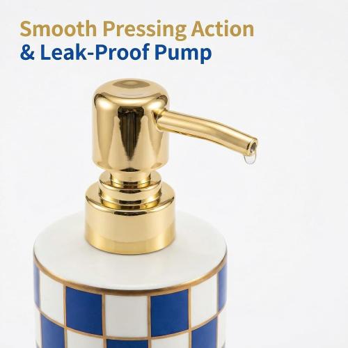 Blue and White Checkered Ceramic Soap Dispenser, Cute & Durable for Bathroom, Ideal Checkered Bathroom Decor