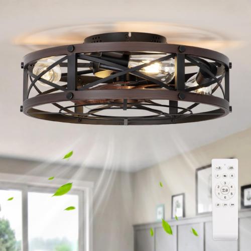 SHLUCE 19 Caged Low Profile Ceiling Fan with Light, Farmhouse Small Flush Mount Ceiling Fans with Lights and Remote, Rustic Bladeless Ceiling Fan with Light for Bedroom, Kitchen, Brown - ETL