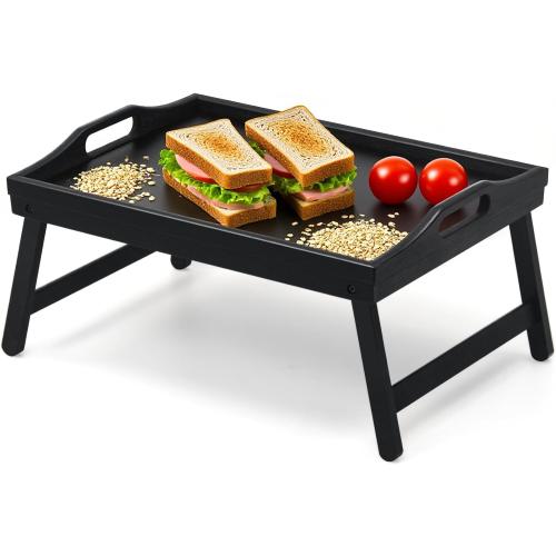 Bamboo Breakfast Tray Table with Folding Legs for Bed Table Sofa - Eating & Laptop Tray Bamboo with Folding Legs (Black)