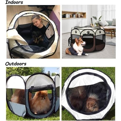 Foldable Pet Playpen, Portable Octagon Puppy Playpen Indoor/Outdoor, Exercise Kennel Dog/Cat/Rabbit Tent   Free Carrying Case   Travel Bowl (Blue Black, L)