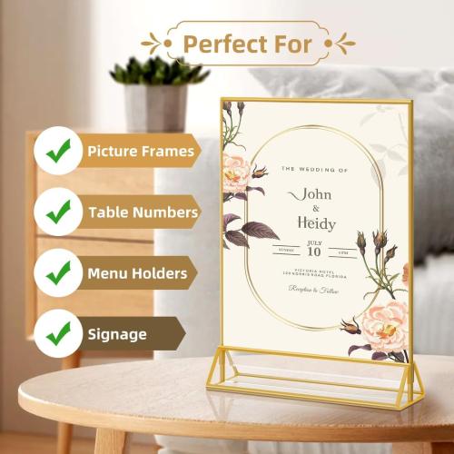 8X10 Gold Frames Double Sided Acrylic Sign Holder Tabletop Picture Frames Vertical Display Stand for Photos Wedding School Home,Set of 6