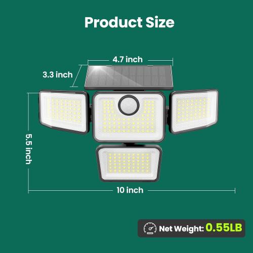 3000LM Solar Lights Outdoor, 4 Adjustable Heads Motion Sensor Security Light, 3 Modes, 6500K, IP65 Waterproof Solar Wall Flood Lights for Garden, Outside, Backyard, 1 Pack