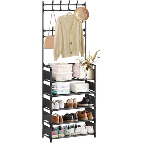Color Black Size 5 Tier Coat and Shoe Rack,Modern Minimalist Coat Rack with 8 Hooks,Freestanding Entryway Shoe Shelf for Living Room, Hallway, Bedroom Black