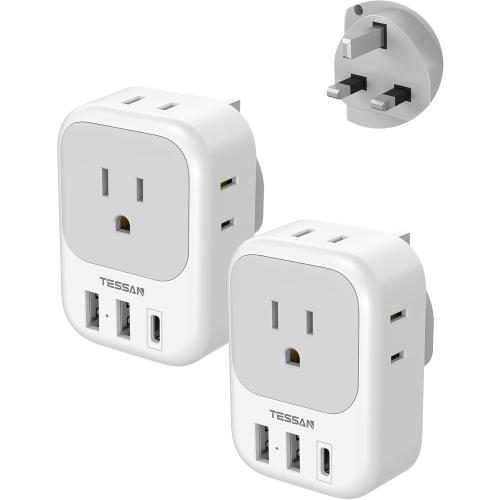 UK Adapters for Travel 2 Pack, TESSAN Type G US to UK Plug Adapter with 4 Outlets 3 USB Charger(1 USB C Port), Power Adaptor for USA to Ireland Scotland Dubai Hong Kong England British Kenya London