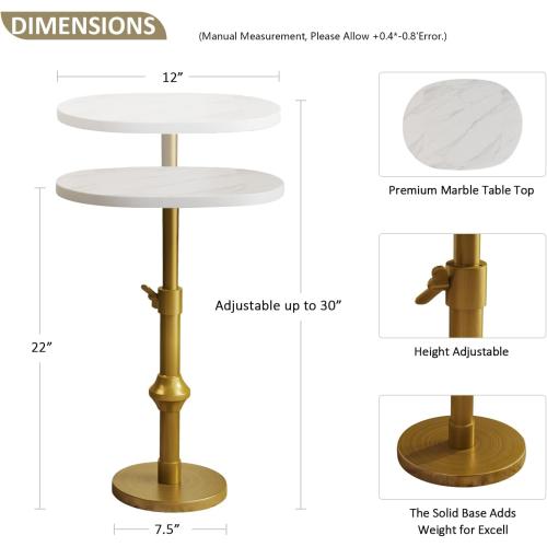 WHGBJA Adjustable Drink Table, 10x12x(22“~30) Martini Table with Metal Antique Brass Stand Base, Drink Tables for Small Spaces, Living Room, Bedroom, Or Office (White)