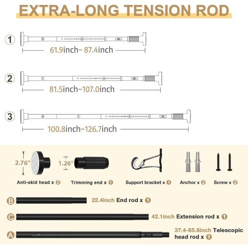 Black Tension Curtain Rod 41-126 In(4-10Ft), Long Curtain Rod No Drilling for Window or Bathroom,Outdoor Tension Rods for Patio, Heavy Duty Shower Rod,Rod Diameter 1.26In-One-bond stretching