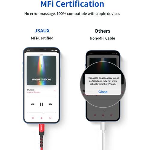 JSAUX Apple MFi Certified Lightning to 3.5mm Audio Cable 6FT, AUX Cord for iPhone Headphones Jack Compatible with iPhone 14/14 Plus/14Pro/13/13 Pro Max/12/12 Pro/11 Pro/X/XS/XR/8/Car Stereo-Red