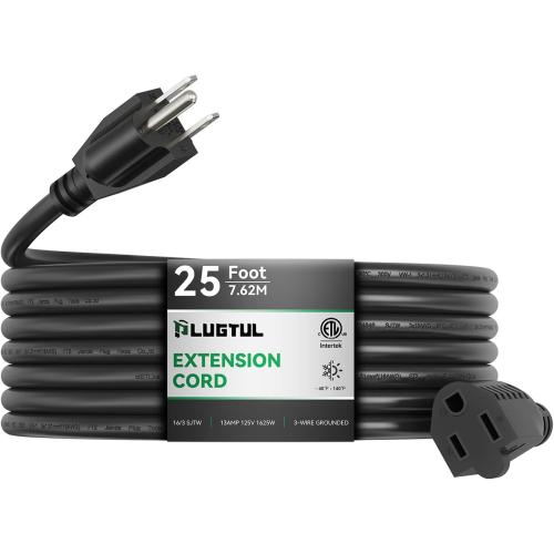 PLUGTUL Outdoor Extension Cord 25 FT | 16/3 Gauge Black Heavy Duty 3 Prong Extension Cord, 13A 1625W SJTW, ETL Listed, Great for Garden and Home