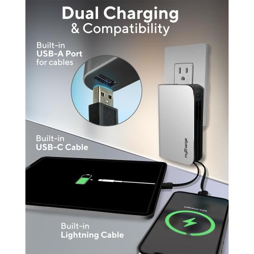 myCharge Portable Charger with Wall Plug – 10050mAh Fast Charger – Power Bank for iPhone, Samsung, Android & More - External Battery Pack Portable Charger with Built-in Cables (Lightning   USB-C), pack of 1