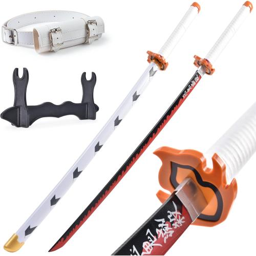 Demon Slayer Sword 41inch,with Display Stand and Belt, Rengoku Sword/Tanjiro Sword/Zenitsu Sword/Anime Original Texture,for Demon Slayer Cosplay and Collection,Various Styles Available