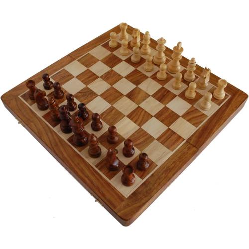 Magnetic Travel Chess Board Set - Classic Wood Staunton 7 X 7 Inch Pocket Chess Set with Folding Game Board Handmade in Fine Rosewood