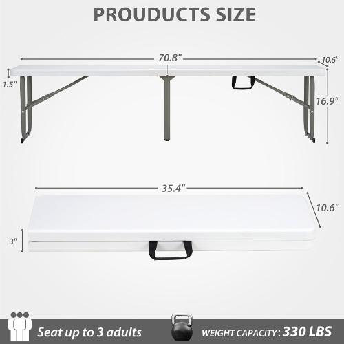 6ft Plastic Folding Bench with Carrying Handle & Lock, Portable Outdoor Bench in Garden Picnic Camping Dining Party Seat, Waterproof Bench for Soccer Activities, Firm and Durable (2Pack C)