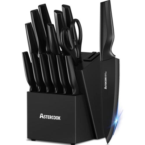 Astercook Knife Set, Kitchen Knife Set with Built-in Sharpener Block, Dishwasher Safe, 15 Pieces German Stainless Steel Knife Block Set, Black
