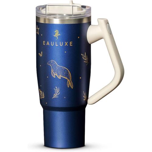 DriftFlow 40 oz Tumbler – 180° Rotating Handle & Rotating Straw Lid, Double-Wall 18/8 Stainless Steel, Leak-Proof, Keeps Drinks Hot 13h/Cold 25h – Midnight Blue with 3D Gold Embossing