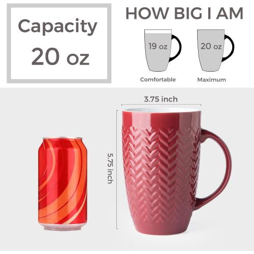 AmorArc Extra Large Coffee Mugs Set of 6, 20oz Ceramic Tall Coffee Mugs Set with Textured Geometric Patterns for Coffee/Tea/Beer/Hot Cocoa, Dishwasher & Microwave Safe,Beige