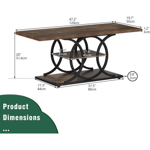 GiftGo Rustic Coffee Table with Storage Industrial 3 Tier Center Living Room Table Farmhouse Wooden Rectangle Cocktail Tea Table for Office Bedroom Elegant Full Moon Round Metal Frame (Brown, L-47)
