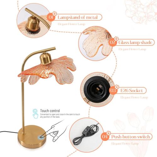 Mid Century Modern Table lamp Bedside Table Lamps with Touch Switch Amber Glass Tall Table lamp Gold Desk lamp nightstand lamp Small Table lamp for Bedroom Living Room Office