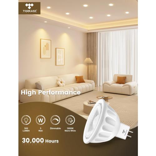 White 10pack Torkase MR16 LED Bulb Dimmable,GU5.3 Bi-Pin Base MR16 LED Bulbs,5W(50W Equivalent),Outdoor Landscape 12V Low Voltage Light Bulbs,3000K Soft Warm White Recessed Tracking Spot Lights,UL Listed-10Pack
