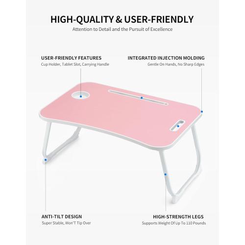 Laptop Bed Desk, Foldable Lap Table, Portable Study Table, Laptop Stand with Cup Holder & Tablet Slot & Lifting Handle for Working Writing Drawing & Eating - Pink