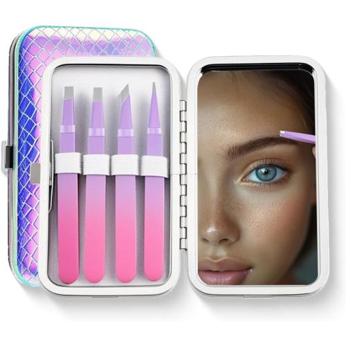 Tweezers for Women Facial Hair,Stainless Steel Precision Tweezers Set for Ingrown Hair & Facial Hair Removal with Mirror Case for Women and Men (Purple & Pink)